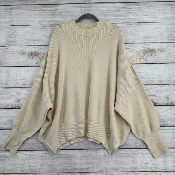 Free People Rib Knit Oversized Dolman Sleeve Sweater Womens Large Cream - Picture 1 of 15